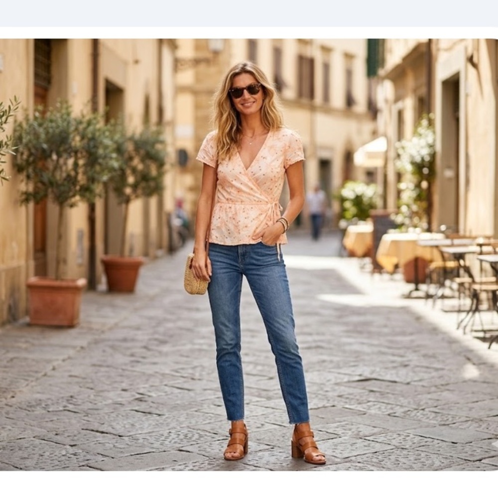 Hillard & Hanson Floral Wrap Top - Peach and White